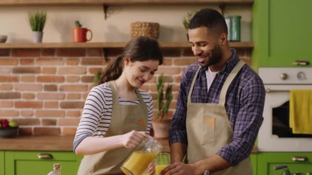 Handsome Guy Caucasian Lady Together Morning Take Breakfast Together Kitchen — Stock Video