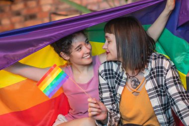 Very romantic lesbian couple on the sofa hugging each other and holding the LGBT rainbow flag on the back they spending amazing time together at home on the sofa. Portrait
