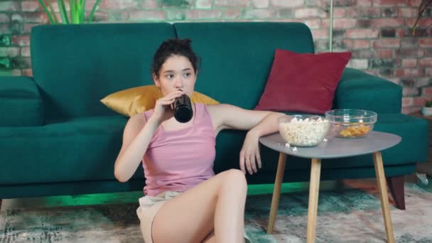 Attractive Young Woman Support Fan Looking Match Living Room She — Vídeo de Stock