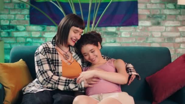 Concept Lgbt Family Children Happy Lesbian Couple Waiting Baby Two — Vídeos de Stock