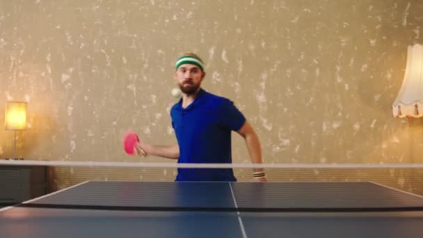 Concentrated Excited Man Playing Ping Ping Catch Balls Get Excited — Stock Video
