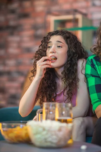 Home Front Good Looking Couple Watching Football Match Together Getting — Zdjęcie stockowe