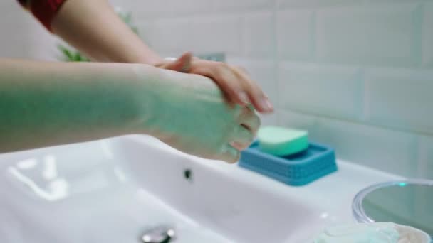 Closeup Camera Bathroom Woman Massage Her Hands She Put Some — 비디오