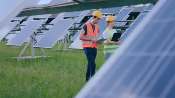 Two Young Technicians Lady Guy Walking Photovoltaic Solar Panels Rows — Stockvideo