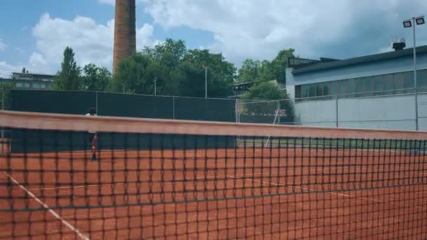Tennis Match Playing Professional Player Handsome Man Hitting Ball Racket — Stockvideo