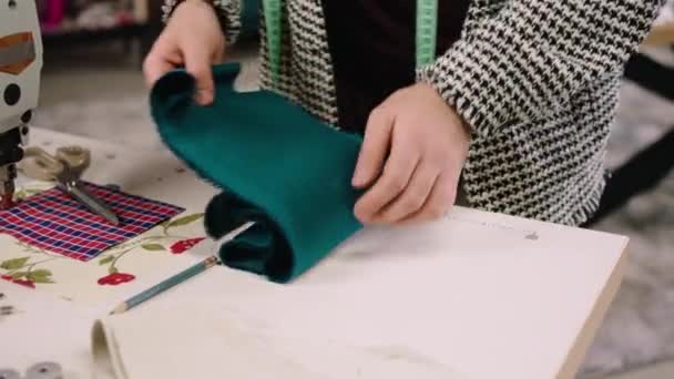 Closeup Taking Video Details Man Using Fabrics Start Sew New — Stockvideo