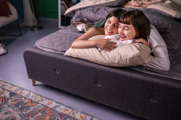 Portrait Two Beautiful Ladies Lesbian Couple Laying Bed Enjoy Time — Stok Foto