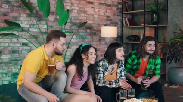 Excited Group Friends Watching Football Match Getting Happy Cheerful Favourite — Stockvideo