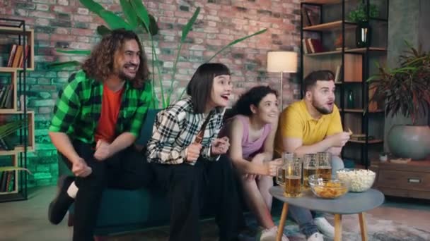 Group Multiracial Friends Together Watching Sport Channel Football Match Getting — Stok Video