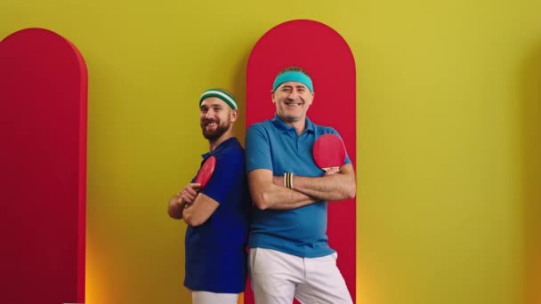 Excited Father Son Posing Front Camera Ping Pong Racket End — Stok video