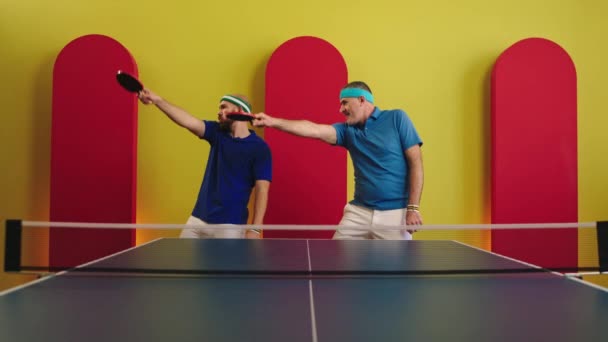 Father Son Very Handsome Together Dancing Start Ping Pong Game — Stockvideo