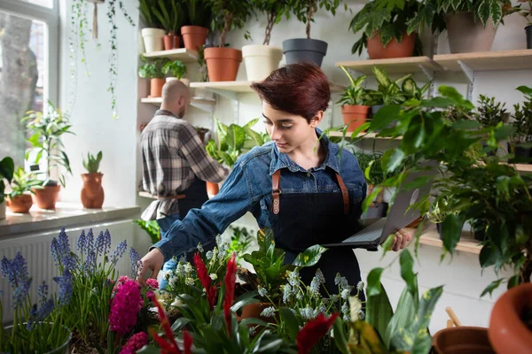 Charismatic woman and guy at the floral store working together they using the laptop to check the inventory of the shop concept of small family business. Portrait