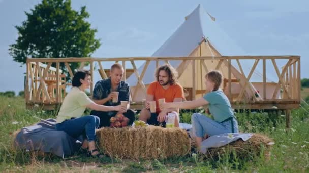 Middle Campsite Group Young Good Looking Friends Enjoy Time Together — Vídeo de Stock