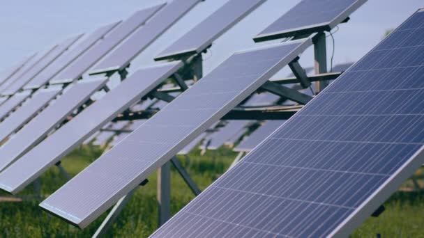 Concept Renewable Energy Photovoltaic Solar Farm Taking Video Closeup Details — Vídeo de Stock