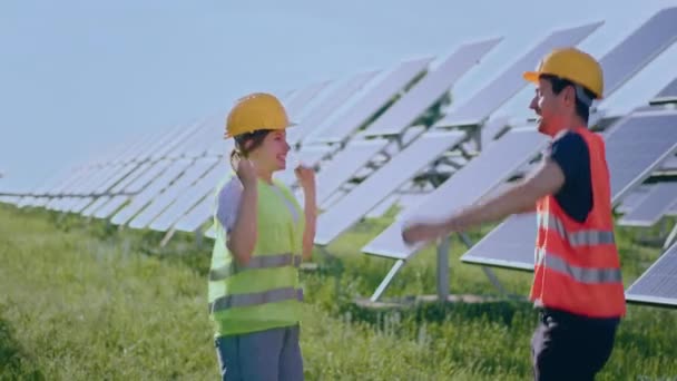 Photovoltaic Solar Farm Happy Excited Ecological Engineers Jumping End Work — Video Stock