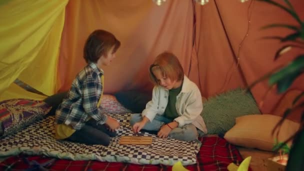 Two Young Boys One Brunette One Blonde Playing Tent Different — Stock video