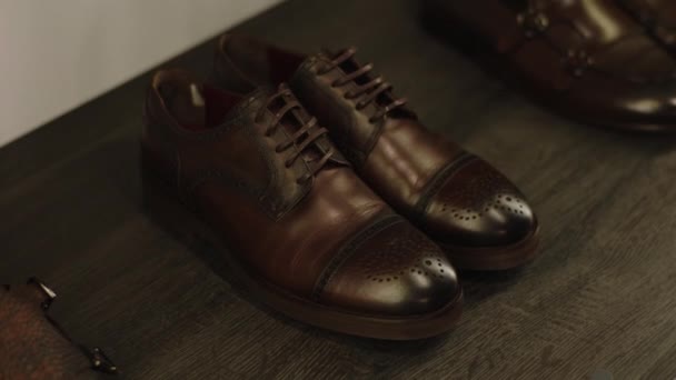 Capturing Video Details Vintage Leather Shoes Men High Quality Shoes — стоковое видео