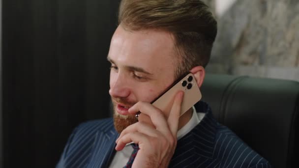 Caucasian Businessman Have Conversation Smartphone His Office Smiling Large Feeling — стокове відео