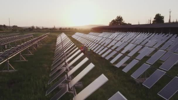 Sunset Taking Video Solar Panels Farm Group Engineers Workers Analysing — Stockvideo
