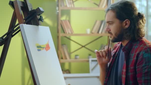 Beautiful Man Beard Manbun Concentrating Art Painting Lots Colours His — Video