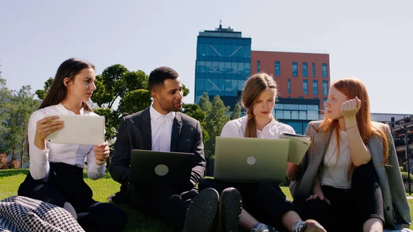 Front Camera Charismatic Multiracial Group Students Doing College Project Together — Foto Stock