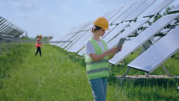 Группа Экологических Инженеров Ассистентов Проходящих Через Фотоэлектрическую Солнечную Ферму Анализируют — стоковое видео