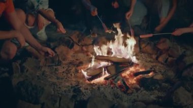 Çok ırklı bir arkadaş grubu kamp alanındaki yangın kazığında sosis pişiriyor. 4k