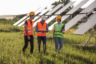 In front of the camera walking group of engineers and investors through the solar panels park they analysing the plan of future work.