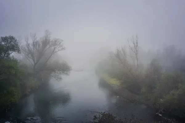 Autumn Landscape Fog River — Stok fotoğraf