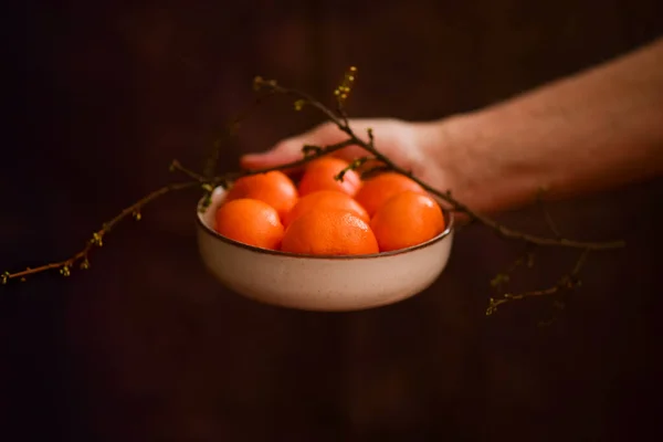 Hand Holding Bowl Fresh Tangerines — 图库照片