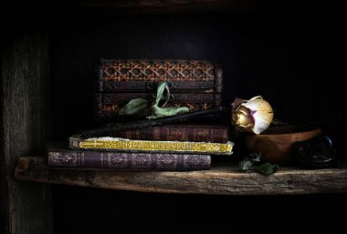 old books in dark room