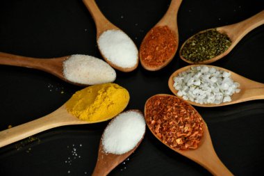 various spices in wooden spoons on a black background