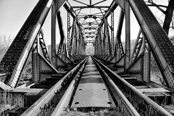 Şehirdeki Demiryolu Köprüsünün Siyah Beyaz Fotoğrafı — Stok fotoğraf