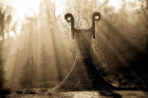 Black and white photo of extraordinary building in mysterious forest