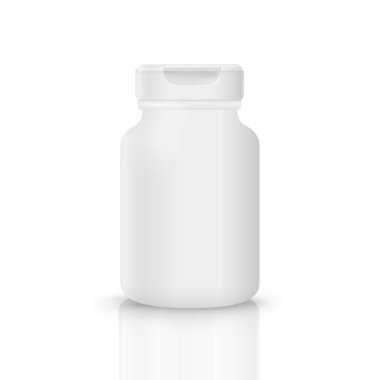 Plastik şişe kapağı hap ya da vitaminler için gerçek yansımaları olan beyaz bir arka plandan izole edilmiş..