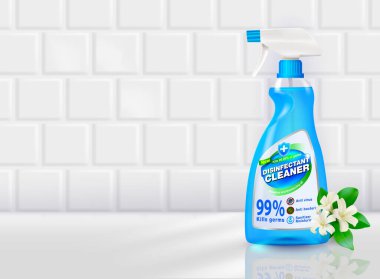 Tüm yüzeyleri temizlemek, mikropları, virüsleri, bakterileri, mantarları öldürmek için dezenfektan sprey reklam şablonu dezenfektanı. Ürün arka planı beyaz duvar fayansı. Gerçekçi EPS dosyası.
