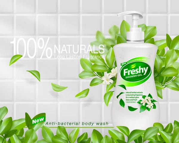 Shower Gel Liquid Soap Bottle Mock White Tile Background Leaves —  Vetores de Stock