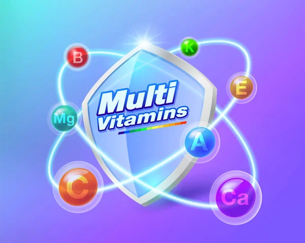 Multivitamin kalkanı konsepti birçok vitamin açık mavi cam kalkanın etrafında döner. Vücudunu koru ve sağlıklı tut..