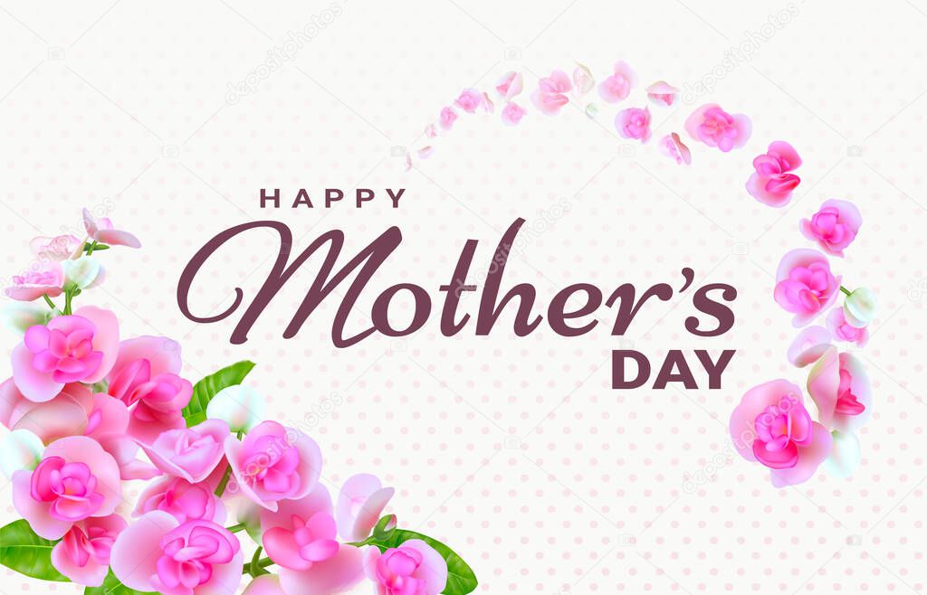 Happy Mother's Day. Greeting card with beautiful blooming flowers on light pink dots background. Template for International Mother's Day.