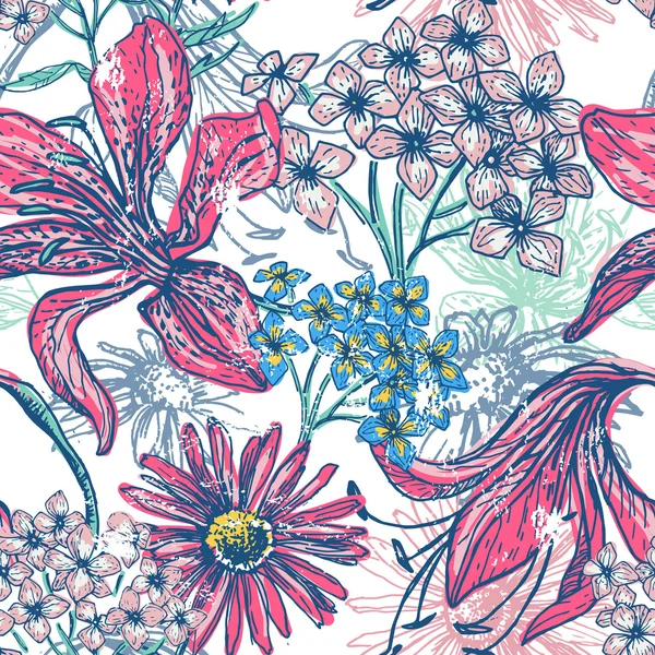 Dessin à la main motif floral sans couture vintage — Image vectorielle