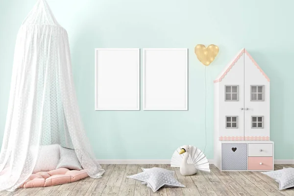 子供部屋のポスターフレーム 2つの白いフレームA4 3Dレンダリング — ストック写真