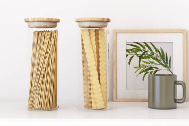 Tasarımınız için Mockup Glass Jar ve makarna 3D görüntüleme
