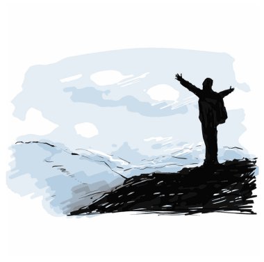 Sketch of the man freedom on mountain 
