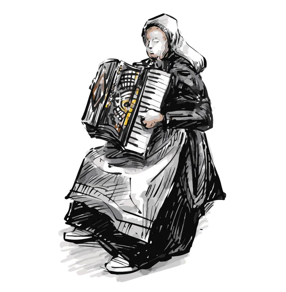 Sketch Nun Woman Play Instrument — Stock vektor