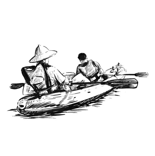 Sketch People Rowing Canoe — Vector de stock