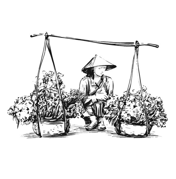 Sketch Vietnamese Woman Sales Flowers — Stockový vektor