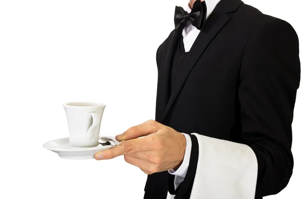 Young waiter serving hot coffee — Stock Photo, Image