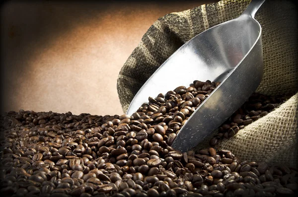 Сталева ложка та кавові зерна — стокове фото