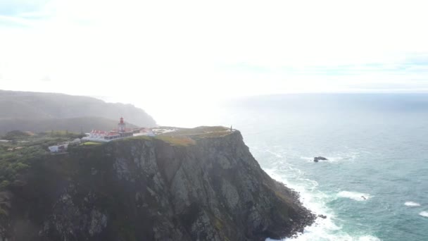 Aerial View Westernmost Point Europe Cape Roca Red Lighthouse Rocks — Stock Video