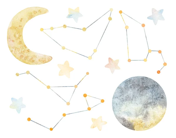 Constelações de aquarela, lua, estrelas. Ilustrações feitas à mão clipe decorações do berçário de arte. Design de moda, chá de bebê, cartões infantis, lençóis, adesivos de parede, cartão postal, design de casos, cartazes de berçário. — Fotografia de Stock